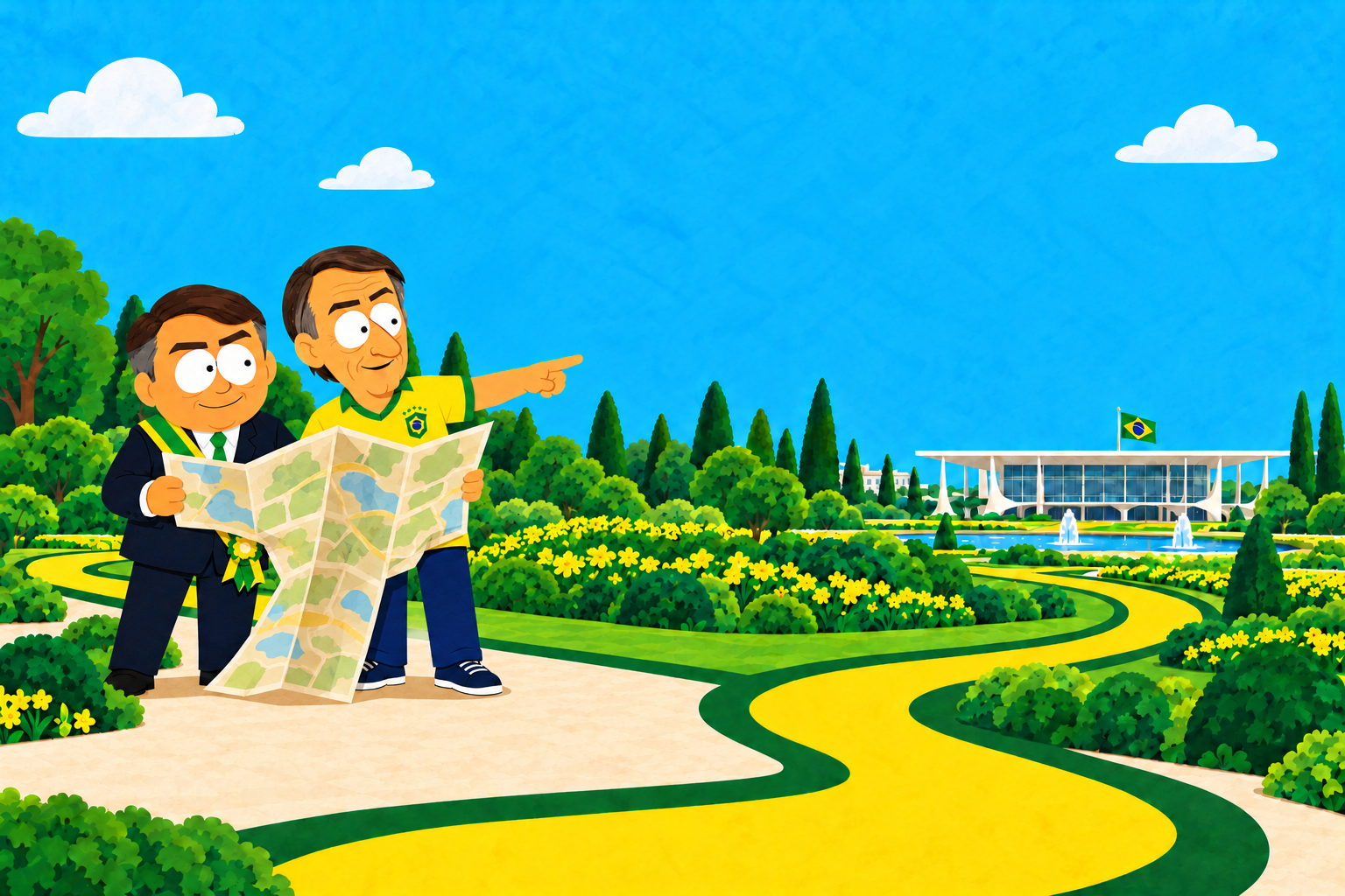 Flávio and Jair in a Brazilian cartoon garden, holding a map together.