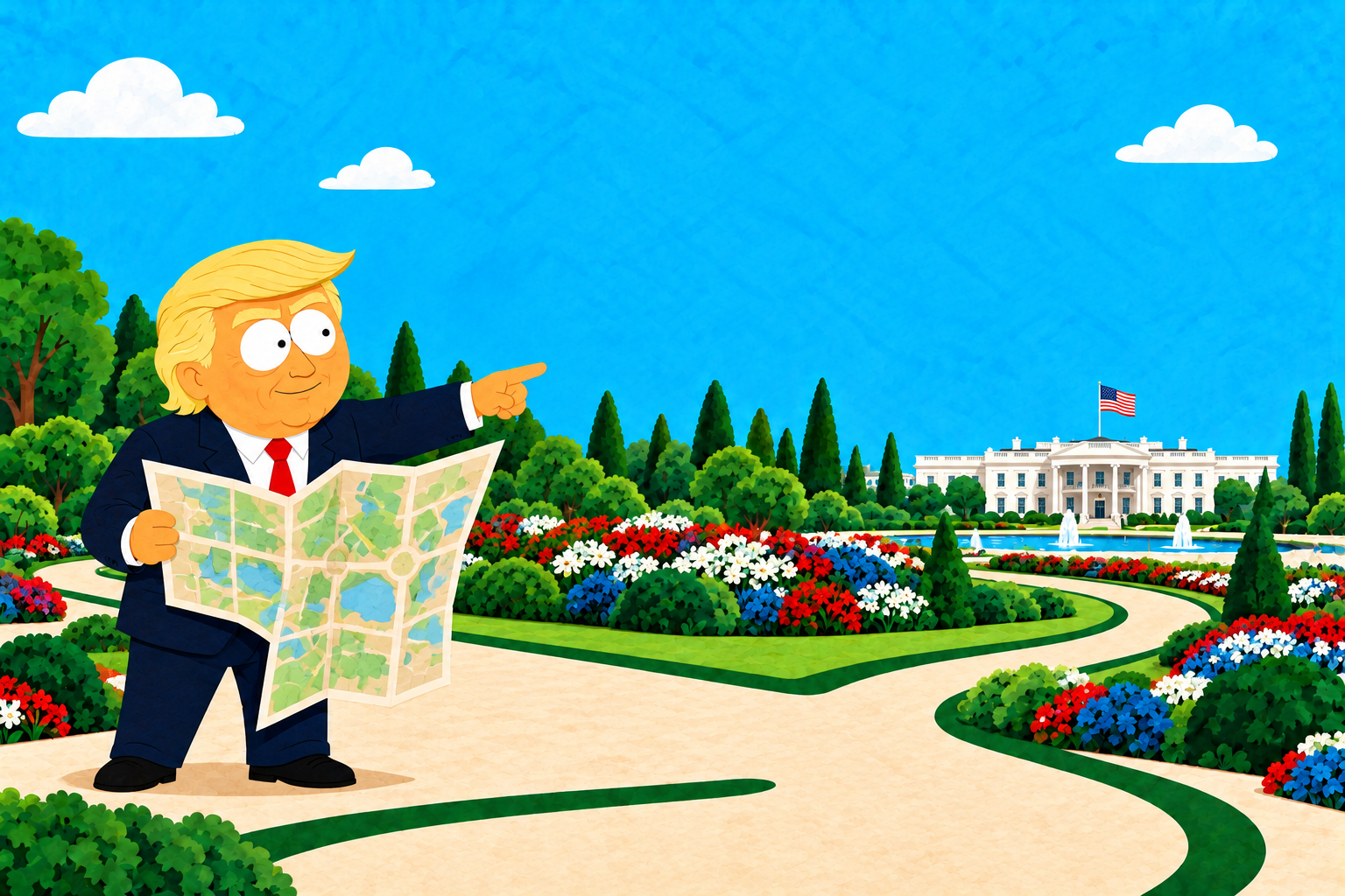 Cartoon Donald Trump holding a park map in the White House gardens.